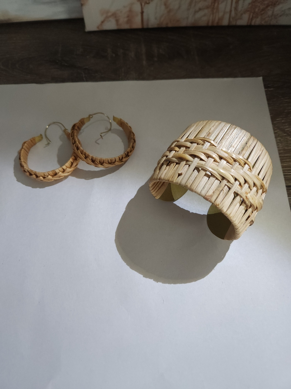 Handwoven Natural Tan Wicker Cuff Bracelet and Hoop Earrings Set